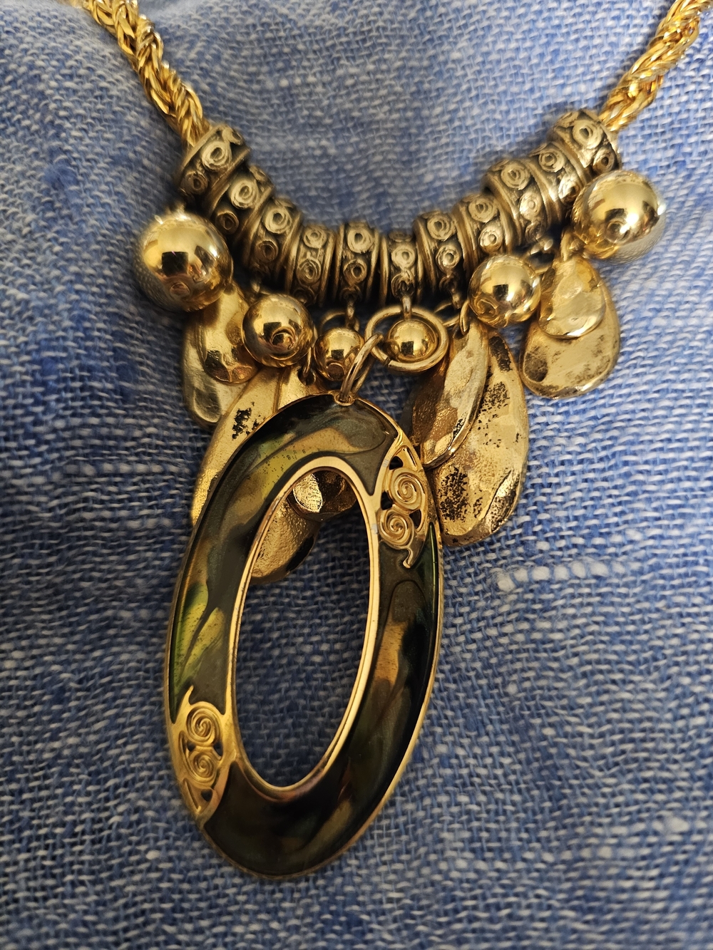 Upcycled Hand Made Gold-Tone Statement Necklace with Asian Style Enamel Accent